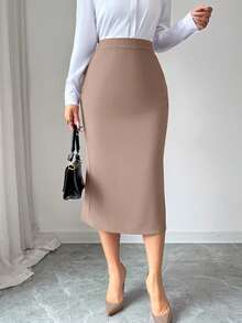Elenzga Women's Elegant Fitted Pleated Pencil Skirt - Brown - View 7