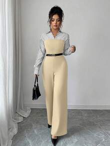 Rafferiza 女士优雅拼接长袖连体裤，适合通勤 - 卡其色 - 查看 3
