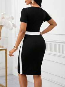 SHEIN Lady Color Block Bow Decor Round Neck Fitted Elegant Short Sleeve Dress,Dresses For Women Summer Office Black And White - Black and White - View 2