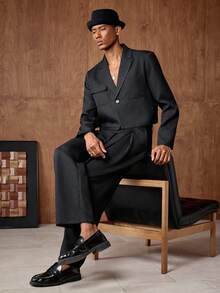 Business Casual Bộ vest nam đơn giản, màu trơn, cổ ve lật, túi nắp, gồm áo khoác ngắn và quần tây xếp ly, thích hợp cho việc đi làm hàng ngày. - màu đen - Xem 2