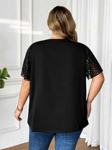 SHEIN CURVE+ Áo thun nữ cỡ lớn thời trang đi làm, phối sequin và lưới - màu đen - Xem 3