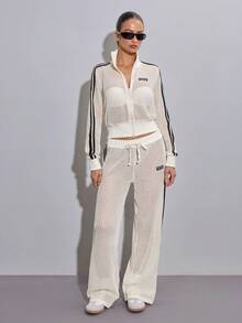 SHEIN ICON Y2k 女式运动休闲运动裤 跑步 透明米色 夏季休闲 条纹拼接 阔腿低腰裤 春夏网眼裤 针织阔腿裤 - 杏色 - 查看 5