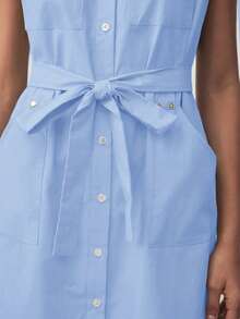 BizChic Đầm nữ mùa xuân/hè màu xanh dương, cổ áo, cài cúc phía trước, eo thắt dây điều chỉnh, có túi hai bên, đa năng cho nhiều dịp. - Màu xanh lam - Xem 4