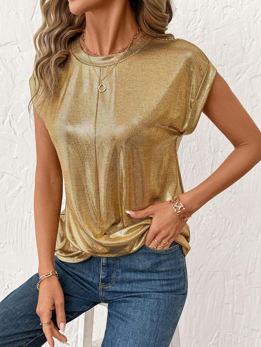 SHEIN Clasi Áo thun nữ thanh lịch và thoải mái với họa tiết dập nổi xoắn phía trước, thích hợp cho mùa xuân/hè. - Vàng - Xem 1