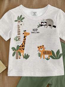SHEIN Young Boy Casual Snug Fit Round Neck Short Sleeve Pants Pajama Set, Comfortable Spring/Summer Homewear With Classic Animal Park Giraffe, Tiger, Sloth Graphic Print - Multicolor - View 4