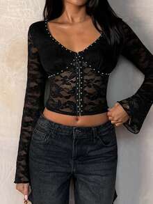 TRNVIE Women's Elegant Rivet Lace Hook Decor Fitted T-Shirt Black Black See Through Top Black Sexy Tops Black Mesh Top Black Lace Long Sleeve Top - Black - View 3
