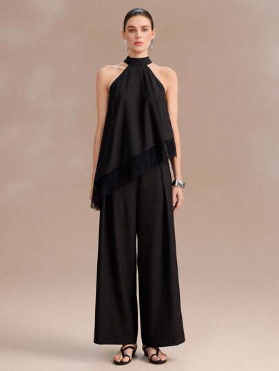 Uhlyne Women's Summer French Elegant Casual Strapless Lace Patchwork Asymmetric Hem Camisole And High Waist Pleated Straight Leg Pants Casual Black 2-Piece Set