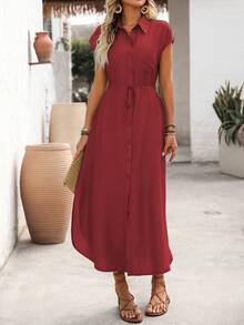 SHEIN LUNE Vestido camisa feminino de cor sólida, casual/para o trabalho, com gola, fechamento frontal com botões, bolso no peito, modelagem solta, cinto para marcar a cintura, laço, fendas laterais, ombros caídos e comprimento maxi. - Borgonha - Ver 3