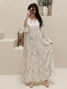 Yasmyna رمضان فستان نسائي بياقة مستديرة وأكمام طويلة بطراز عربي مع زخارف مطرزة - وردي - مشاهدة 5