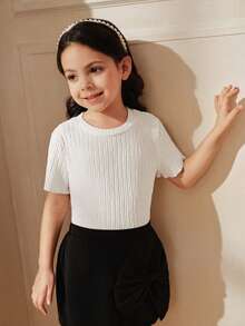 SHEIN Young Girls White Textured Round Neck Short Sleeve T-Shirt Everyday Casual Fitted Semi-Sheer Polyester Regular Length - White - View 4