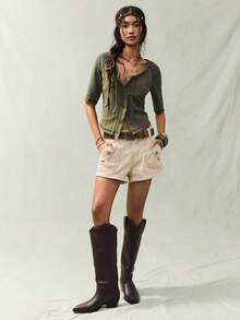 SoleilVie 女士休闲复古前扣拼接插肩袖T恤，夏季休闲波西米亚性感上衣，夏季卡其绿牛仔上衣 - 綠色 - 查看 3