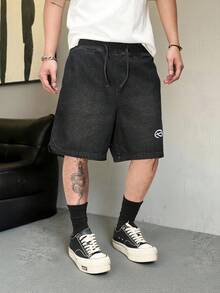 Manfinity Hypemode 黑色水洗直筒牛仔短裤，夏季休闲街头风阔腿短裤 - 黑色 - 查看 5