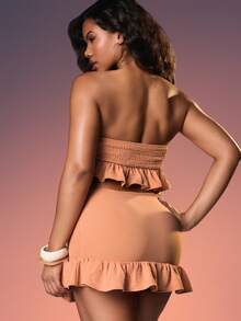 MISSGUIDED Ruffle Hem Bandeau Top And Mini Skirt Set Strapless Cropped Coordinated Two Piece Outfit Summer Festival - Orange - View 2