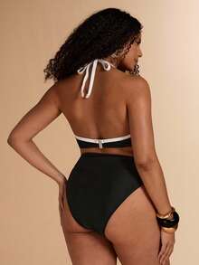 SHEIN BAE Plus Size Women's Summer Beach Color Block Halter Tie Sexy Bikini Swimwear Set Beach Outfits For Women - Black and White - View 2