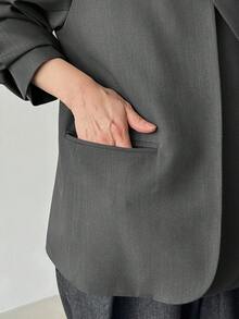 FRIFUL 女士宽松纯色西装外套，带可拆卸翻领 - 黑色 - 查看 5