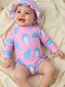 2件装新生女婴可爱小鱼图案针织长袖连帽连体衣，饰有荷叶边和蝴蝶结，适合泳装、沙滩、泳池、夏季度假穿着 - 彩色 - 查看 3