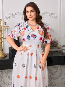 Modelyn Plus Size Women Elegant Minimalist French Style Floral Print Short Sleeve Dress Gym Brown Summer - Pink - View 6
