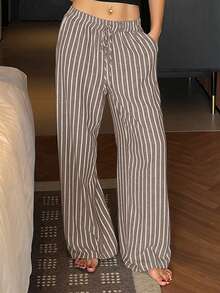 DAZY Striped Pattern Loose Straight Leg Long Pajama Pants For Women, Loungewear - Coffee Brown - View 3