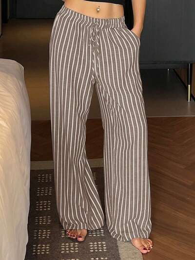 Pantalones de pijama rectos y holgados con estampado de rayas para mujer, ropa de estar en casa