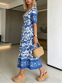 SHEIN Holidaya 女士新款方领花瓣袖印花收腰喇叭连衣裙 - 藍白色 - 查看 5