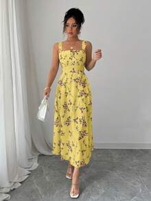 Elenzga Latest Floral Elegant Waist Shirred Long Dress For Women, Spring/Summer - Yellow - View 5