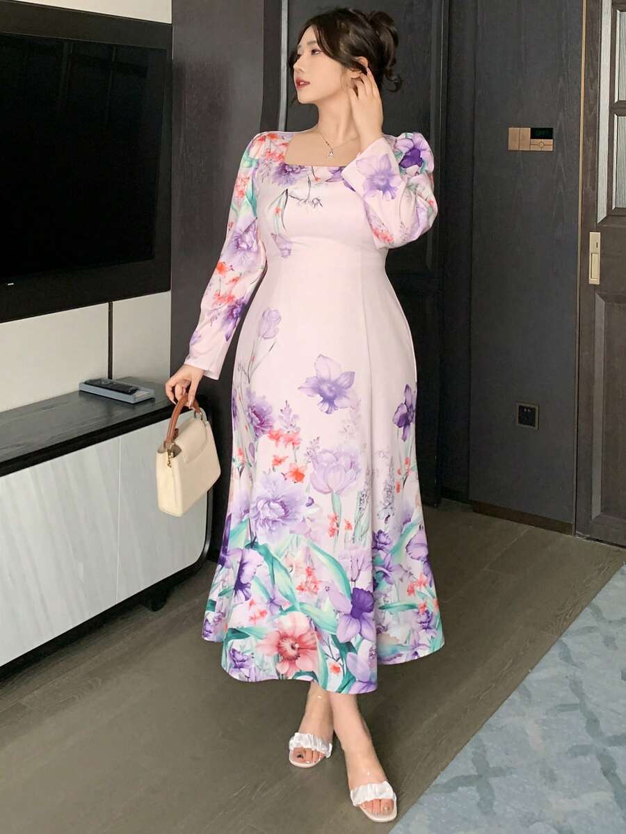 Dazy Plus Đầm maxi dáng suông lãng mạn, thanh lịch, cổ vuông, tay cánh hoa, eo thon, dáng đuôi cá, cỡ lớn, in hoa, dài đến đầu gối. - Màu tím - Xem 1