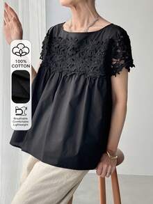 FRIFUL Blusa holgada y versátil de unicolor negro con parches y tela de encaje 3D plisada, para primavera/verano - Negro - Ver 9