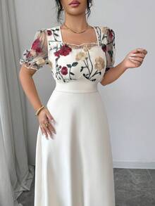 Modelyn Đầm dài thanh lịch dành cho nữ, cổ vuông, tay ngắn, phối lưới, eo. - Màu be - Xem 3