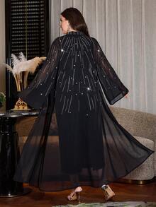 Modelyn Plus Size Women's Rhinestone Embellished Black Winter Elegant Formal Evening Chiffon Party Dress, Sleeveless Cardigan Two Pieces Set Fall - Black - View 2