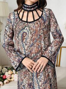 Yasmyna Conservative Vacation Retro Print Belted Women's Arabian Dress - Burgundy - View 2