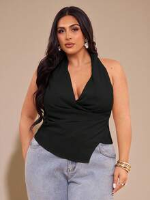 SHEIN BAE Blusa asimétrica con cuello halter y drapeado en talla grande para mujer - Negro - Ver 5