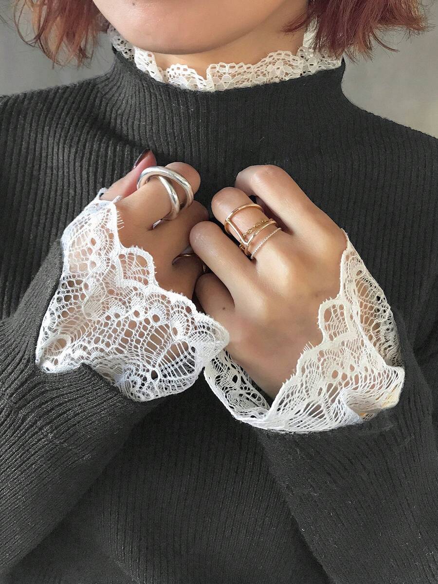 FRIFUL 女士撞色高领长袖蕾丝边袖口及下摆宽松休闲套头毛衣，秋冬款 - 深灰色 - 查看 1