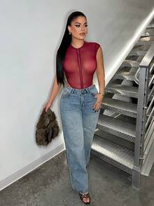 SHEIN SXY 性感网纱透视纯色前扣无袖连体衣 - 酒紅色 - 查看 8