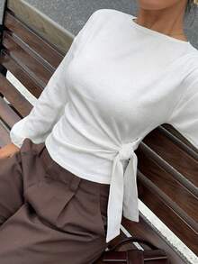 Siren Gaze 女士纯色圆领褶皱扭结休闲长袖上衣 - 白色 - 查看 5