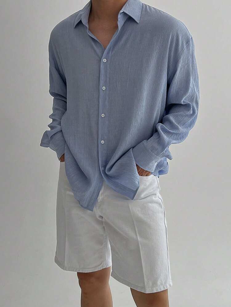 Men's Solid Blue Long Sleeve Shirt, Spring/Summer