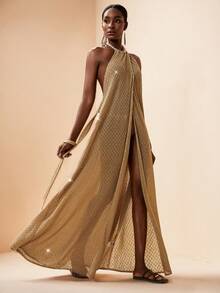 Zivah 2026 Women's Elegant Vacation Casual Beach Sheer Knit Jacquard Fabric Kaftan Dress, Khaki - Khaki - View 6