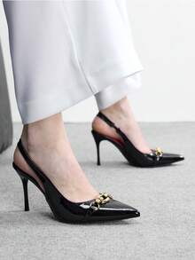 CUCCOO BIZCHIC 女士春夏金属扣尖头缝线高跟鞋，9厘米亮面漆皮纯色高跟鞋，适合通勤、约会、日常聚会等场合。 - 黑色漆皮 - 查看 6