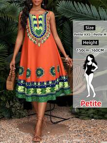 SHEIN Lady Petite Lady Petite Women's Floral Print Sleeveless Casual Midi Dress,Orange Summer Boho Tropical Vacation Holiday Beach Outfits Elegant Spring Summer Clothes - Multicolor - View 1