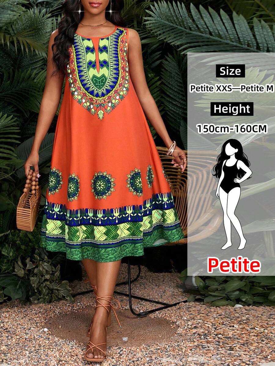SHEIN Lady Petite Lady Petite Women's Floral Print Sleeveless Casual Midi Dress,Orange Summer Boho Tropical Vacation Holiday Beach Outfits Elegant Spring Summer Clothes - Multicolor - View 1