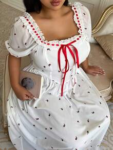Flirla Modest Plus Size White Floral Print Ribbon Tie Bow Decor Dress,Summer Curve Party Vacation Picnic Cherry Peasant Milkmaid Strawberry Dress For Women - White - View 4