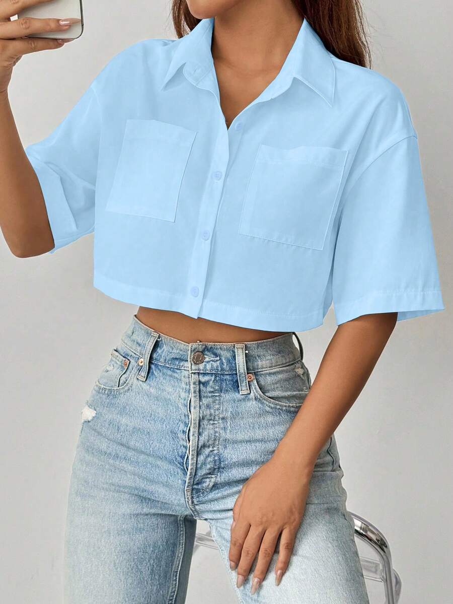 Chiquease Áo sơ mi nữ tay ngắn màu trắng trơn, dáng crop, phong cách thường ngày. - Màu xanh lam - Xem 1