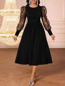 SHEIN Lady Đầm dài tay cổ tròn, thắt eo, xếp ly, thêu họa tiết dành cho nữ. - màu đen - Xem 1