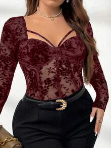 Firerie Plus Size Mesh Patchwork Embroidered Sweetheart Neck Elegant Long Sleeve T-Shirt Fall - Red - View 3