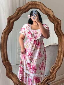 Flirla 春夏秋三季新款甜美优雅渐变玫瑰印花面料拼接蕾丝边泡泡袖立领露肩A字连衣裙，收腰显瘦长裙摆，飘逸乡村公主风连衣裙 - 彩色 - 查看 5