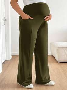 Plussiva Plus Size Maternity Casual Solid Color Adjustable High Waist Loose Wide Leg Pants - Army Green - View 8