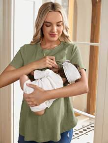 SHEIN Áo cho bà bầu tay ngắn cổ tròn màu trơn - màu xanh lá - Xem 4