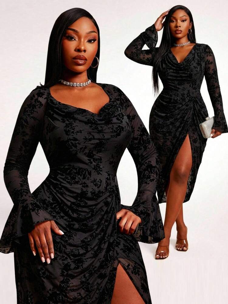 shein plus size party dresses Women's V-Neck Gold Flare Sleeve Evening Dress SHEIN BAE Plus Size Black