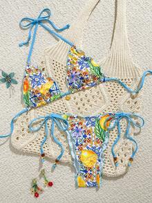 Swim Mod 女士性感露背系带比基尼套装，随机数码印花荷叶边装饰，适合春、夏、秋季海滩度假 - 彩色 - 查看 2