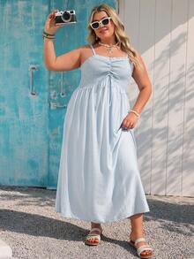 Vivid Eden Vestido de tirantes de mujer de tela texturizada con volantes, cintura recogida y corte evasé, para vacaciones de verano, talla grande - Azul - Ver 1