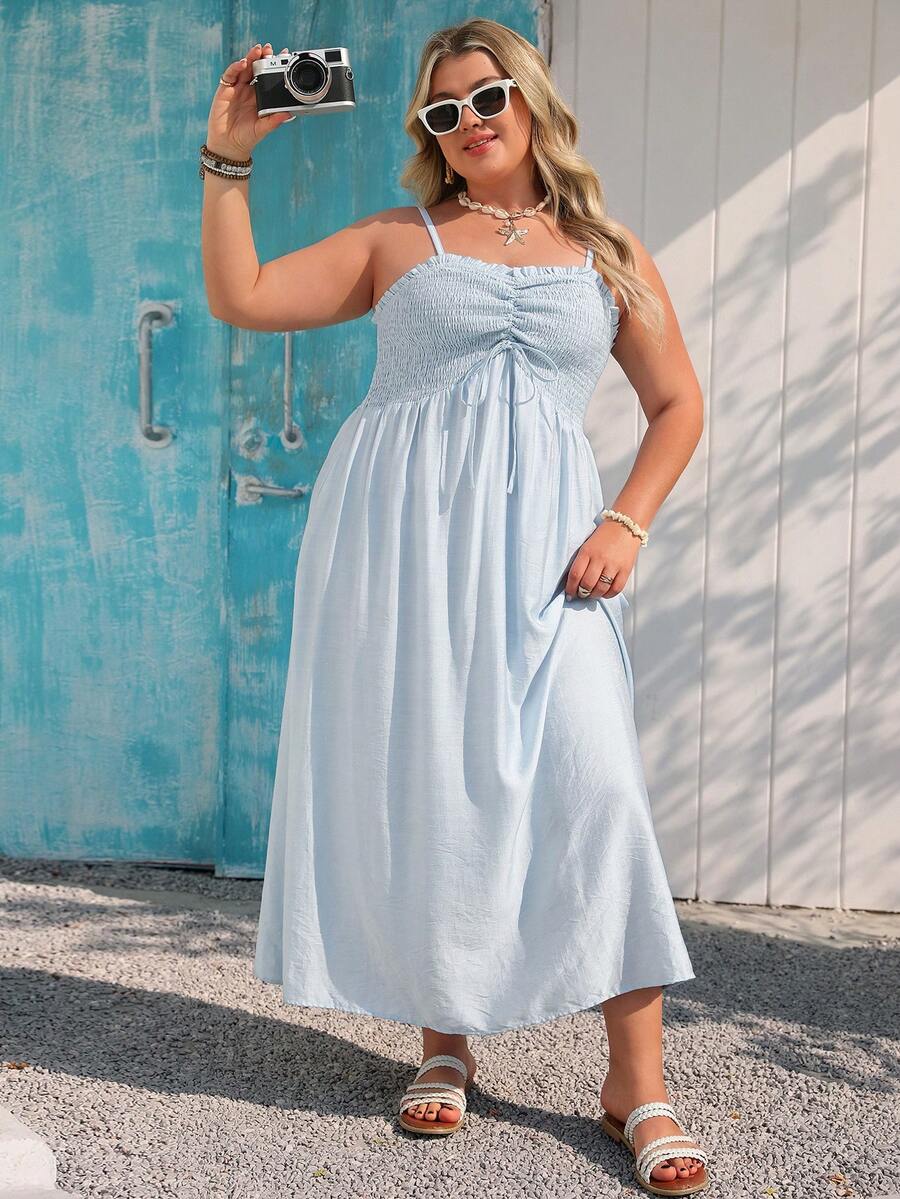 Vivid Eden Vestido de tirantes de mujer de tela texturizada con volantes, cintura recogida y corte evasé, para vacaciones de verano, talla grande - Azul - Ver 1